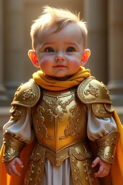 I created a detailed photorealistic 8k image of a baby wearing pound gold armor from the Knights of the Zodiac