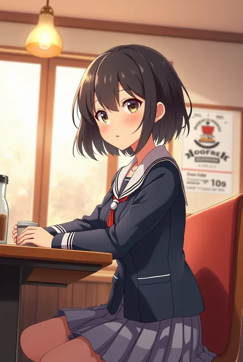 Anime illustration of Takina Inoue in her school uniform at Cafe Ricorico, a cafe that appears in "Licorice Recoil.