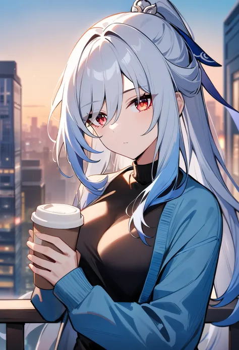 masterpiece, best quality, very aesthetic, absurdres, 1girl, jingliu(honkai: star rail), honkai: star rail, looking at viewer, upper body, high ponytail, red eyes, breasts, alternate costume, open cardigan, blue cardigan, shirt, holding cup, disposable cof...