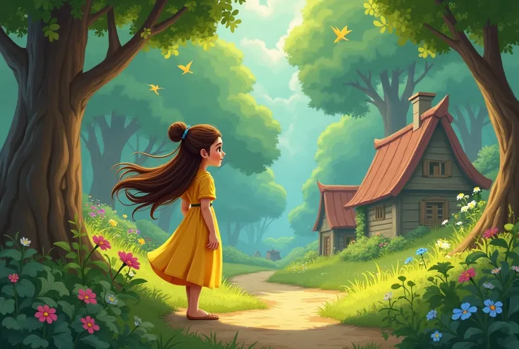 Once upon a time, in a small village by a big forest, lived a  named Maya She is wearing a big yellow dress and her brown hair is tied up. Maya loved exploring the forest, where she could find flowers, listen to birds, and feel the soft moss under her feet...