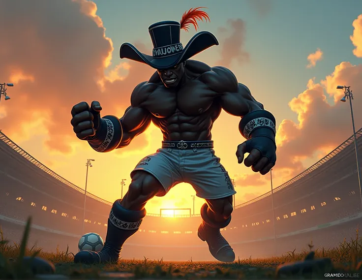 Imposing a fierce humanoid hybrid, a fusion of the Musketeer (Grêmio mascot) and the Saci (Internacional mascot).
Position: Standing in a powerful, dominant stance.
Complete Scene: A dramatic face-off on a post-apocalyptic soccer field with shattered goalp...