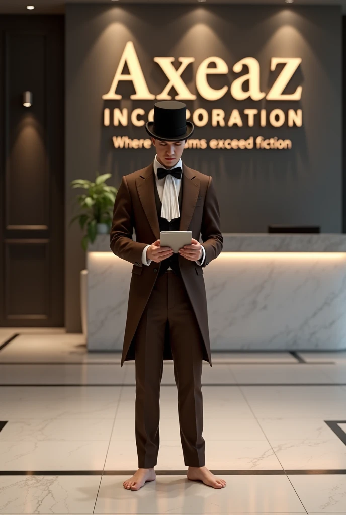 A 20-year-old young man dressed in a brown tuxedo with a jabot tie, a top hat, and cuffed trousers. He is barefoot, standing in the reception area of a modern building, holding a tablet he is using. He is focused on the screen. Behind him, there is a count...