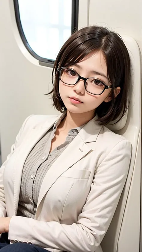 Black hair, glasses, Japanese blazer, high school girl, on train, girl sleeping on train chair