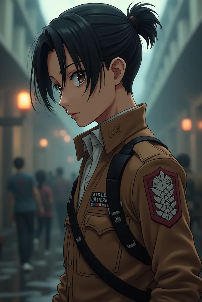 Un jeune homme style animé SNK mince les cheveux noir attacher en chignon portant l'uniforme du bataillon d'exploration 