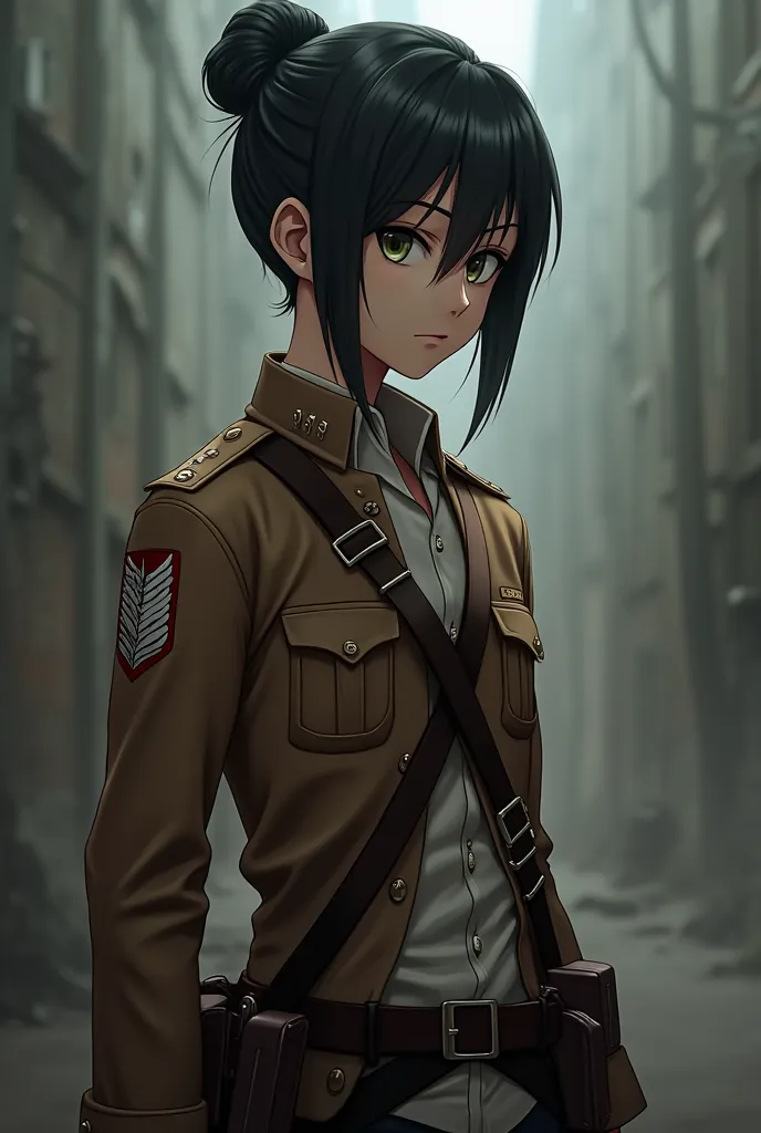 Un jeune homme style animé SNK mince les cheveux noir attacher en chignon portant l'uniforme du bataillon d'exploration 