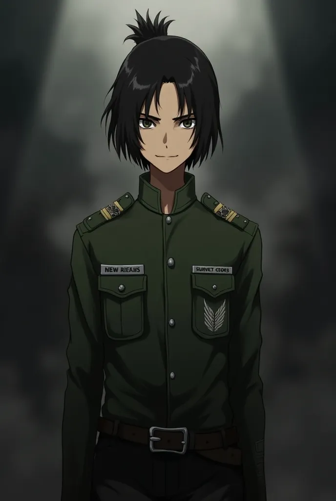 Un jeune HOMME  style SNK mince les cheveux noir en chignon portant l'uniforme du bataillon d'exploration 