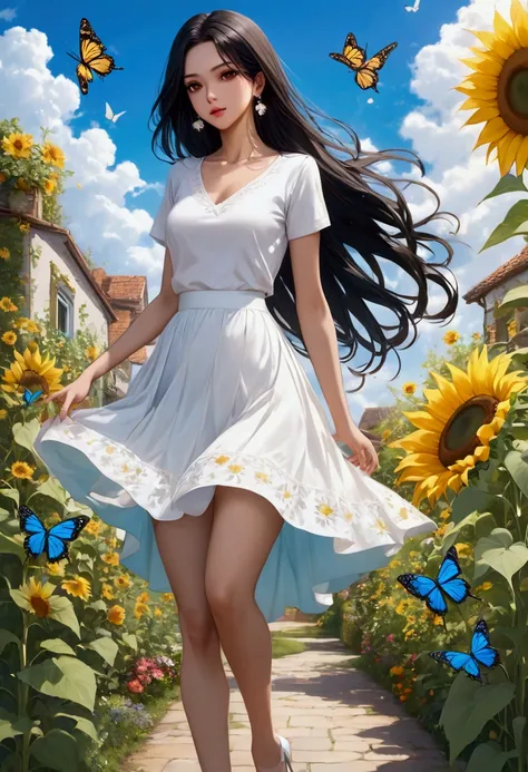 A sexy woman with dark brown eyes with long straight black hair with small breasts, light skin with a round white skirt and a white cropped with a v-neck with colorful butterflies flying over her with high heels, round earrings, super good image of excelle...