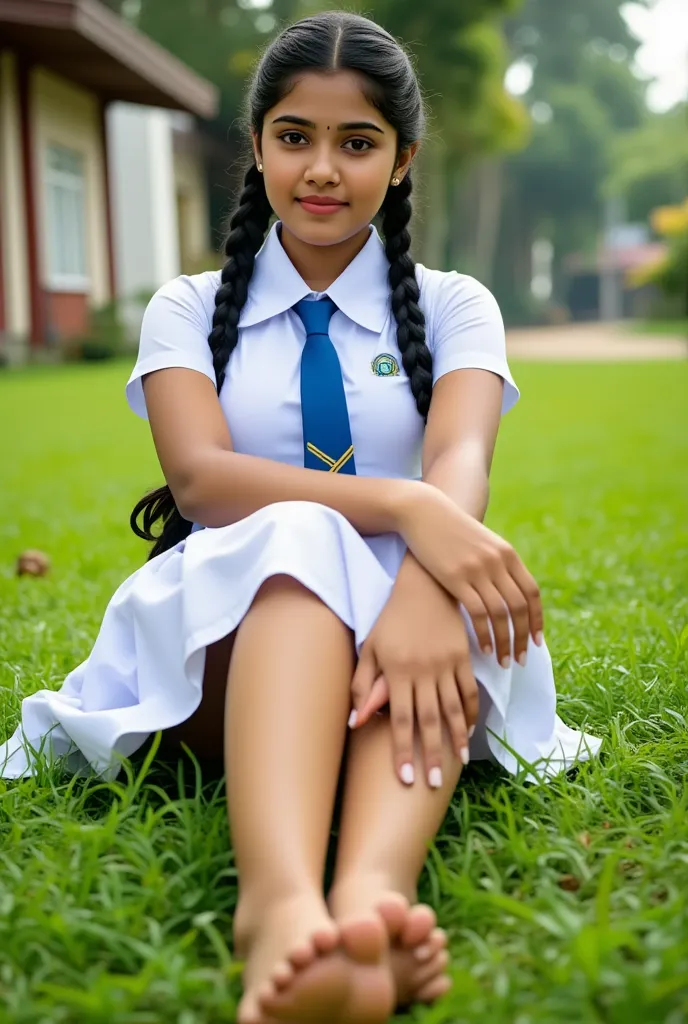 beautiful cute sri lankan school girl, in barefoot, large breast size , 20 years old, wearing a white frock and a blue tie. she ...