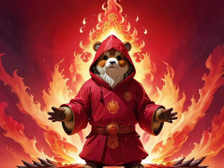 Anthropomorphic humanoid bear, meditation，Red robe，Flame Background，Fires all over the sky， Anime Art Wallpaper 4K