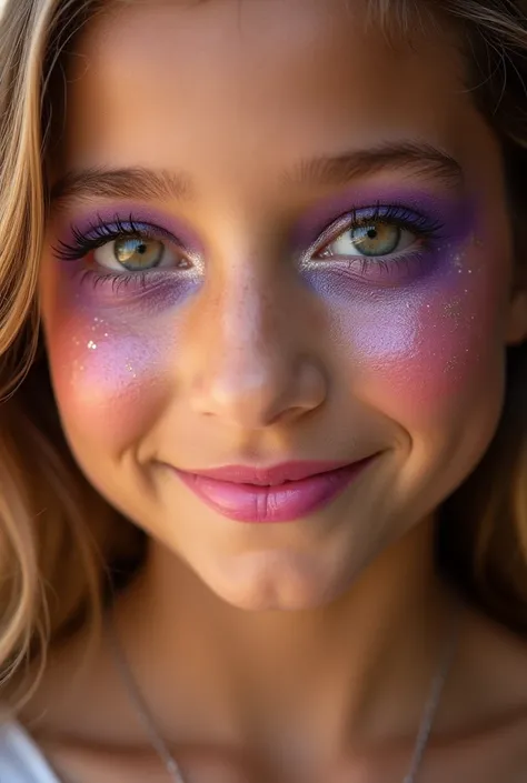 Close-up photo of a wonderful face of a 14-year-old girl with wonderful makeup, tanned skin from the sun, violet tones with glitter over her eyes, bright pink lipstick marking her lips, large and well-lined eyelashes, makeup on her soft face and highlighti...