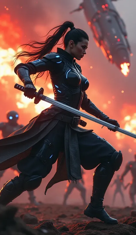 A fierce warrior, wielding a long traditional Japanese katana, assumes the iconic stance of “Gatotsu” on a chaotic futuristic battlefield. She is dressed in sleek, black tactical armor accented with glowing blue energy lines, showing battle-worn scratches ...