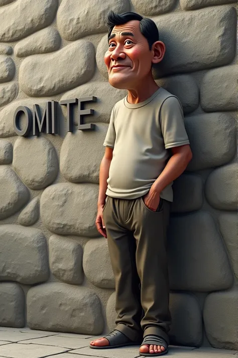 4d logo name, (OMITE), 70 year old male, Indonesian male caricature, with real human skin color, short black hair, obvious wrinkles, wearing a t-shirt and trousers and shoes, posing leaning against a stone wall, the name (OMITE) is embossed, on the wall is...