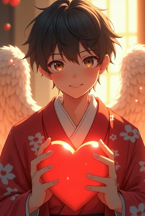  takes a straight look at viewers、A beautiful angel wearing a Japanese kimono、He holds a three-dimensional, mystically shining heart object with both hands so large that it hides his chest、delicate、 High Quality 、High image quality、