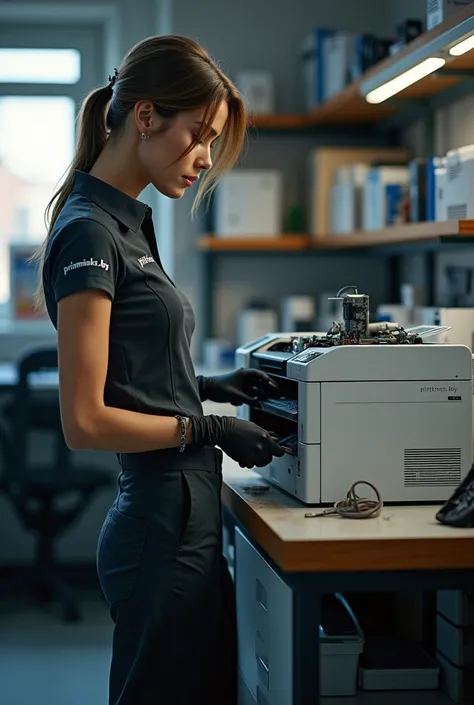 Beautiful sexy girl ,  repairs a color printer in a service shop,  in a service workshop,  with logo  "printmaks.by" on clothes