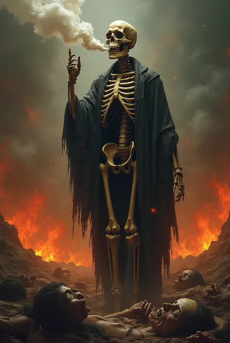 Human skeleton smoking in hell But other people are burned and cry