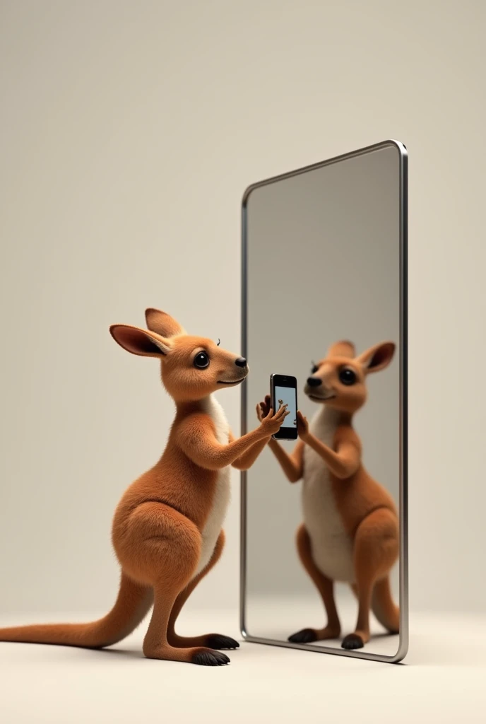 Kangaroo in front of the mirror taking a picture with his cell phone 