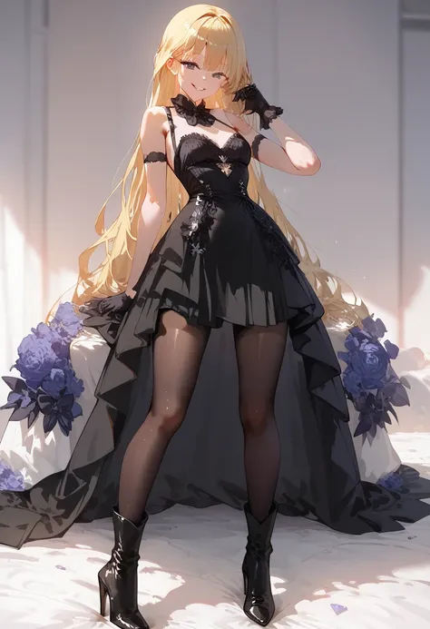 ppkgfl (masterpiece:1.3), 最 High Quality ,  High Quality ,  absurd,  1 girl, Alone,  black dress,  bare shoulders, Sleeveless,Bustle Skirt,  Black Gloves , ( black pantyhose),   Black Thighboots , (  high heel boots ), smile,  Arm Bras , ,Blonde, waist hai...