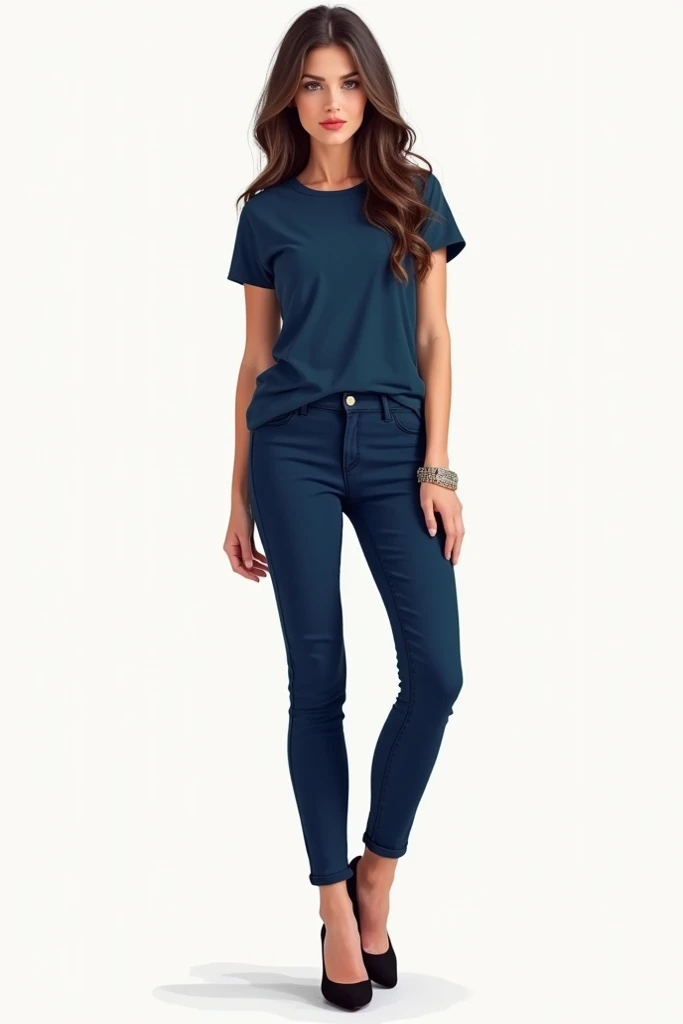 Make a sketch art of attire (dark blue  t-shirt tucked in with dark blue pants and black heels shoes for a girl)