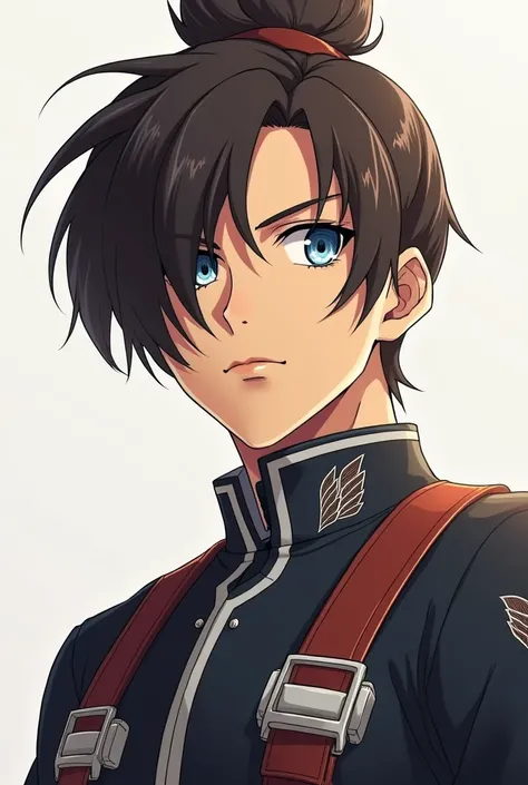 Jeune homme, Style anime, tenue bataillon dexploration attaque des titans, cheveux marron foncé avec un chignon, yeux bleus