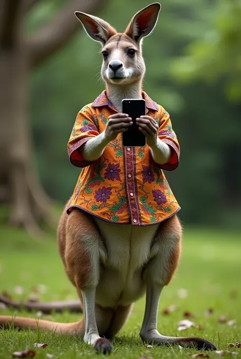 Kangaroo wearing a Venezuelan shirt, taking a photo with his cell phone, 