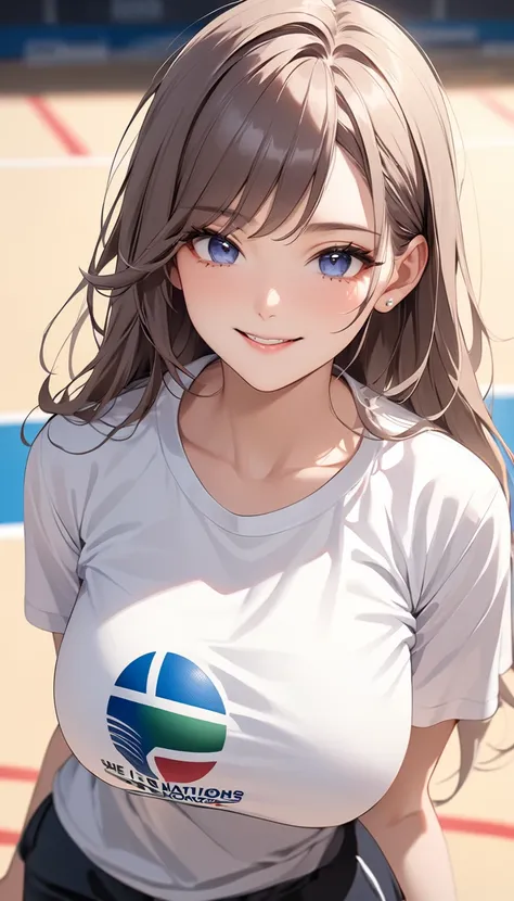 (( best quality)), ((masterpiece)), Anime Style、 perfect face,  1 girl,  Big Breasts 、He is wearing a T-shirt with the Volleyball Nations League logo..、 COWBOY SHOOTING 、smile、