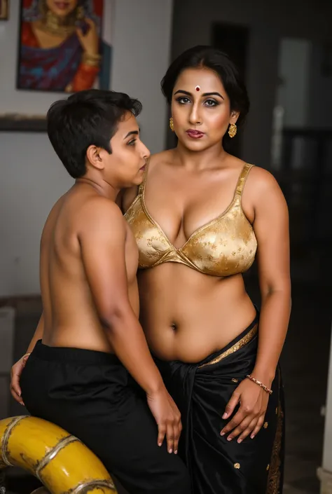 The image is a high-resolution photograph featuring an intimate, indoor scene with two people. The subject is a middle-aged woman, likely of Indian descent, with a medium skin tone, and a well-defined facial structure. She is dressed in traditional Indian ...