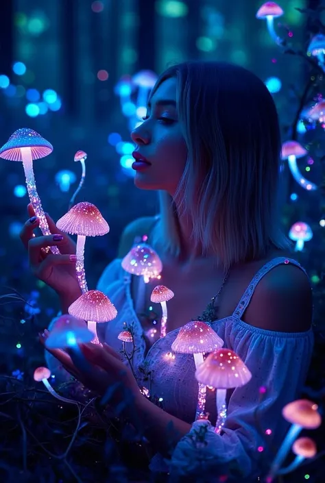 ((masterpiece)) ((photography)) ((Highest quality)) a woman surrounded by bioluminescent mushrooms in a mystical forest, eating a ling red bioluminescent mushroom with the form of a penis. ((her mouth is wide open while her tang is licking the mushroom)).