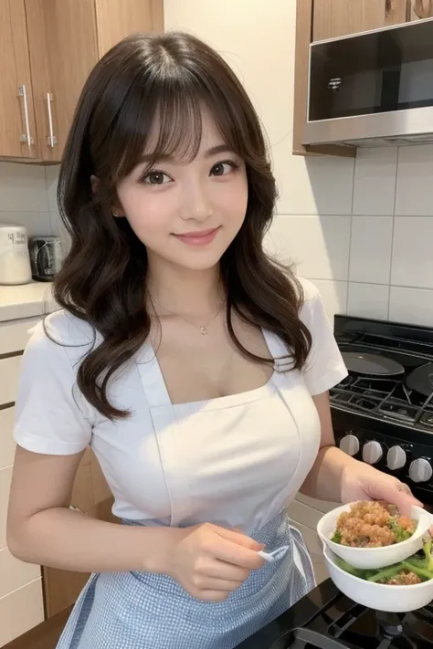 Big Eyes, cute double , Woman cooking with an apron , Small ribbon, T-Shirts, Medium hair with inner curls,  cute smile with blush, Popular Idol,  very detailed woman ,  detailed hair,  very detailed face and eyes , Precise Representation,  thin lips with ...