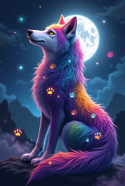 Create me a wolf with the colors purple , Green, Rot, blue, yellow, white,  black and pink in the coat with a paw print and night sky with moon and the lettering “Council of Wolves”