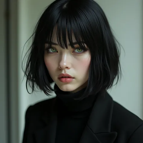 Beautiful girl with black bob and white strands in front no bangs. Green eyes. Looks like Sharon Stone. Black jacket and black sweater. Pale skin. oval face.