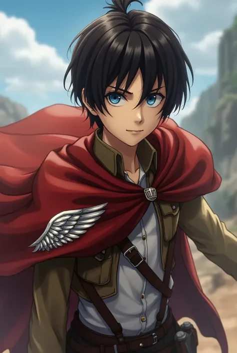 Jeune homme, Style anime, tenue bataillon dexploration attaque des titans avec la cape, cheveux marron foncé, coupe mi long avec un  chignon, yeux bleus