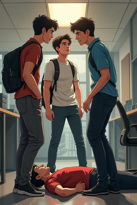 Where three young male college students stand down on the face of a young male office worker with their shoes on with a condescending expression