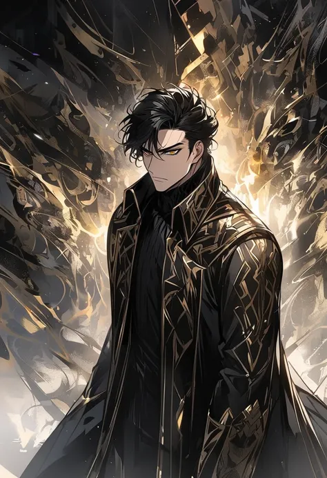 beautiful, Alone, 1 macho,  black hair ,   golden eyes , 1 man,  wearing a uniform long overcoat ,  homem beautiful ,  black uniform ,  short hair, chaotic Hari , crazy