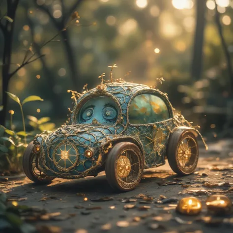 A hyper-stylistic, extremely detailed image depicts an adorable car, its entire body composed of intricately arranged sticks and infused with magic energy. The cars chassis is a latticework of branches, with leaves and vines woven throughout to add depth a...