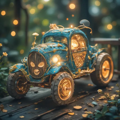 A hyper-stylistic, extremely detailed image depicts an adorable car, its entire body composed of intricately arranged sticks and infused with magic energy. The cars chassis is a latticework of branches, with leaves and vines woven throughout to add depth a...