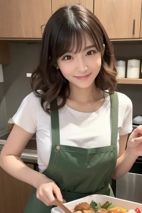 Big Eyes, cute double , Woman cooking with an apron , Small ribbon, T-Shirts, Medium hair with inner curls,  cute smile with blush, Popular Idol,  very detailed woman ,  detailed hair,  very detailed face and eyes , Precise Representation,  thin lips with ...