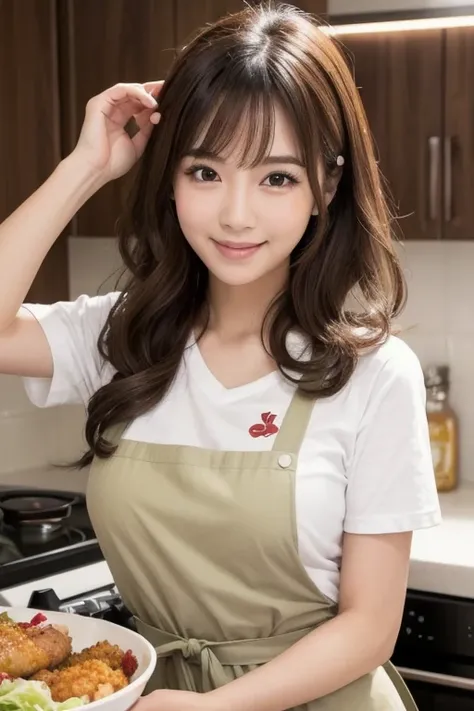 Big Eyes, cute double , Woman cooking with an apron , Small ribbon, T-Shirts, Medium hair with inner curls,  cute smile with blush, Popular Idol,  very detailed woman ,  detailed hair,  very detailed face and eyes , Precise Representation,  thin lips with ...