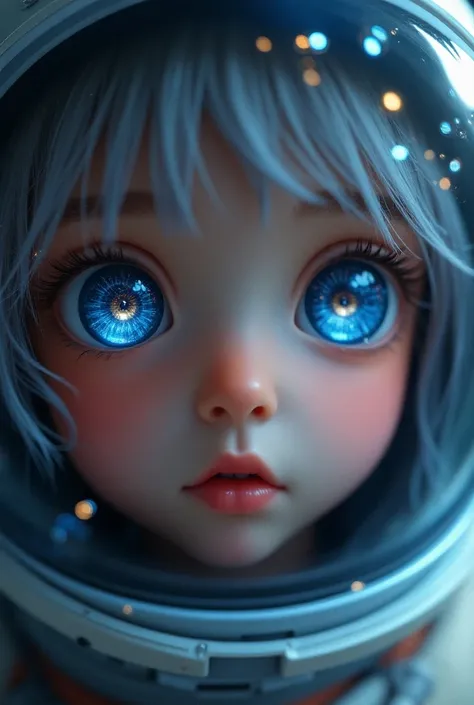  Close-up of an improved masterpiece:1.5)0.9], (Space and astronauts:1.2) ( Messy silver hair :1.1) (heterochromia:  xanthochromia and blue eyes :1.2) (Space helmet:1.0) ( Colored stars in the eyes:1.0) (A radiant glow:1.1) ( Thick lips:0.9)