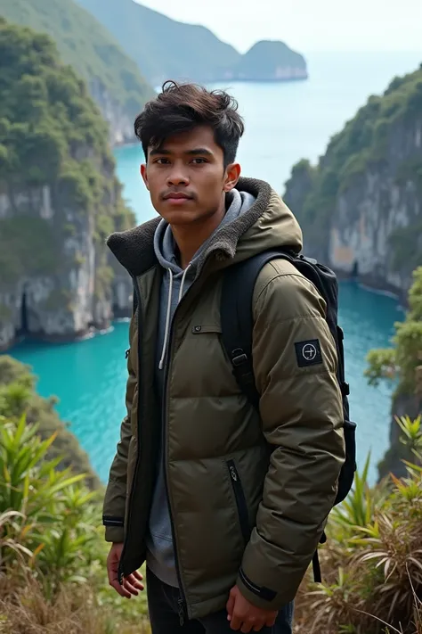 Indonesian teenage man wears winter jacket. Background nusa penida bali