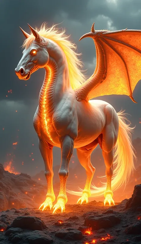 "A monstrous and awe-inspiring hybrid creature, seamlessly blending the grace of a white horse with the ferocity of a fire dragon, set in the same dramatic fantasy landscape. The creature stands tall, its muscular equine body covered with patches of gleami...