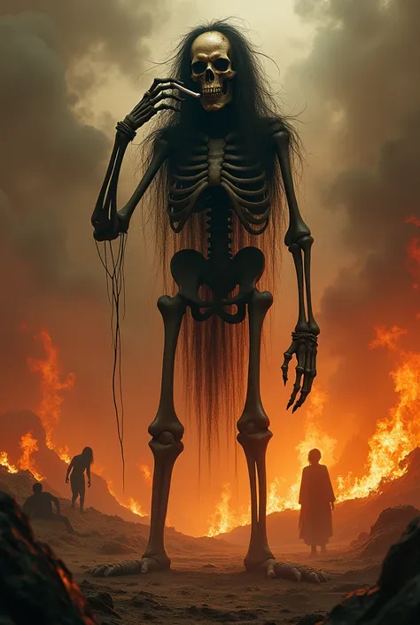 Long hair scary human skeleton smoking cigarette in hell.But other people are burned alive