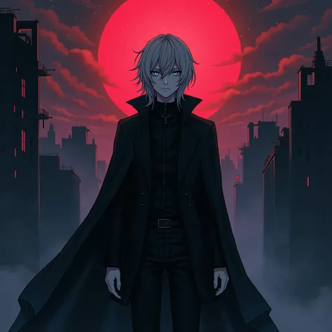 He is a 20-year-old mysterious male with long dirty blonde hair, delicate facial features, and icy blue eyes, dressed in black gothic clothes and a black cloak. His skin is white and pale like a vampire. (90s anime style)(dark) (mysterious) (gloomy) (moonl...