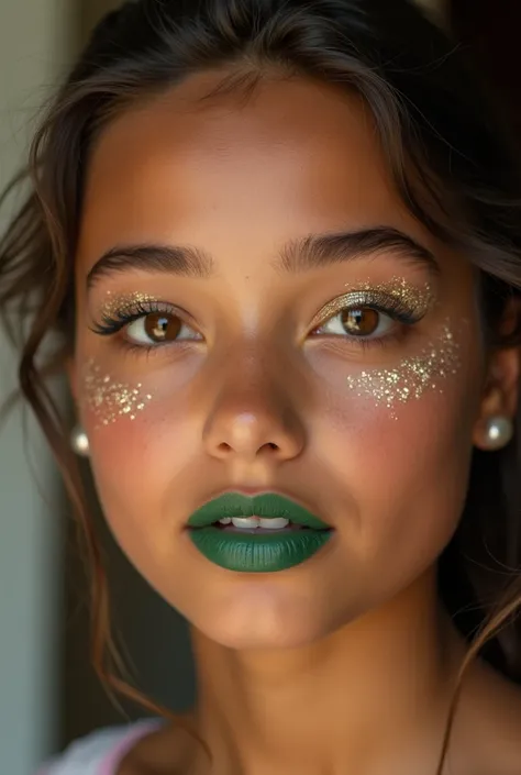 Close-up photo of a wonderful face of a 14-year-old girl, brown eyes, with wonderful makeup, tanned skin from the sun, golden tones with glitter only on the eyes, bright green lipstick marking her lips, large and well-lined eyelashes, makeup on her smooth ...