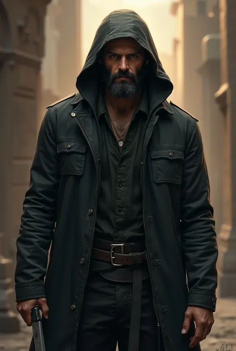 there is a man with a knife in his hand and a hoodie on, a character portrait by Daryush Shokof, trending on deviantart, sots art, male vampire of clan banu haqim, epic portrait of menacing, rugged man portrait, keanu reeves as wolverine, karl urban as wol...