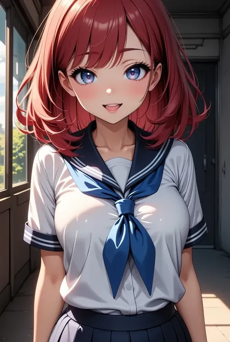 High school girl,   sailor suit,  Red Hair,   bow down bob  ,   Sexy Poses ,   sailor suit,   blue scarf  , ((Look up,   open your mouth,  shes pointing at the audience ,   naughty smile  :1.4)),  Viewers,   face , Night Park,  chiaroscuro,   Physically Ba...