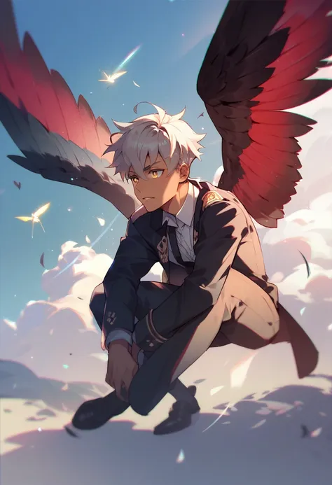  1 man, fly, Tan eyes, black jacket,  foul-colored wings, 6 legs 