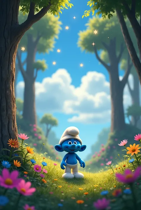  Create an image with this text . Once upon a time,  in a small forest full of giant trees and bright flowers, a Smurf named Lino.  Lino was not just any elf ;  had a very special power :  could make the stars shine in the day ,  and that was something tha...