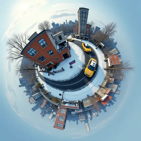 A small spherical planet floats in midair, its surface covered in a densely populated winter urban area.
Taxis race along a snowy narrow road that winds around the planet, while graffiti-covered walls
and decrepit buildings stretch into the sky. Wind-blown...