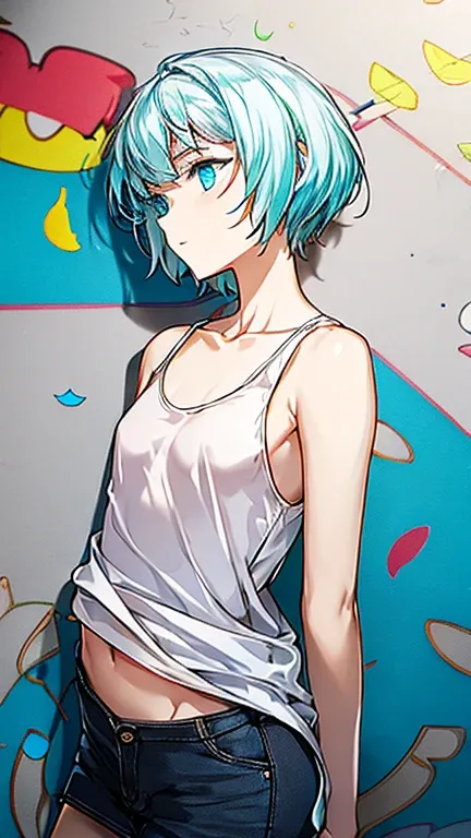 masterpiece, Highest quality, Very detailed, 8k, Realistic, super close up of chest, focus on chest, One Girl, alone, Very detailed face, (head shot:1.5), Standing in front of a wall covered in hip hop graffiti, Cyberpunk neon cityscape,Pixie cut white hai...