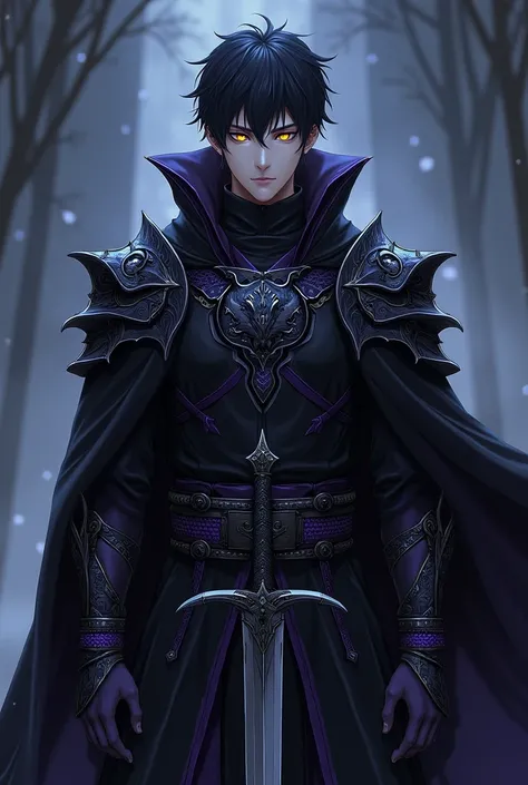  white man,  black hair ,  golden eyes,  short hair, with black clothes,  over the black clothes he wears armor decorated in black,   on his two arms he has bracelets decorated in purple  , wearing a black cape,   the cover has a drawing of a dragon in the...